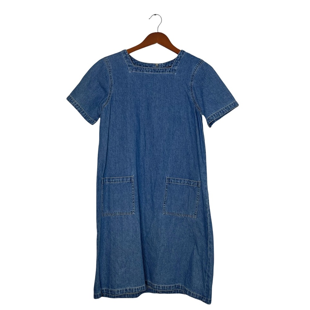 DENIM & Co 100% Cotton Chambray Short Sleeve Square Neck Mini Dress w Pockets